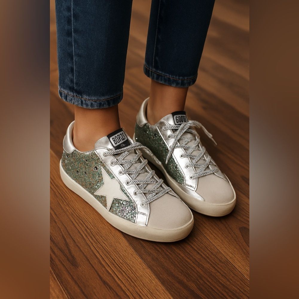 Golden Goose Silver and Green Glitter Sneakers